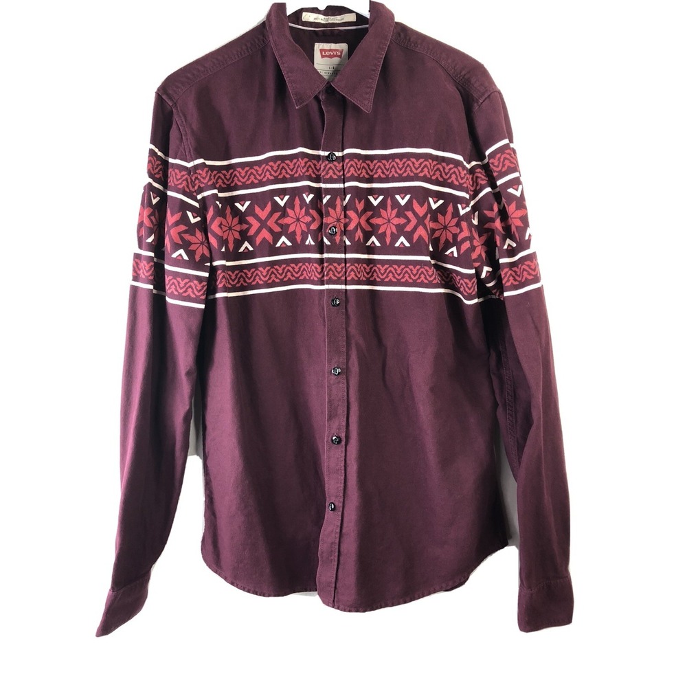 LEVI'S Mens L‎ Modern Fit Button Front Shirt Maroon Long Sleeve